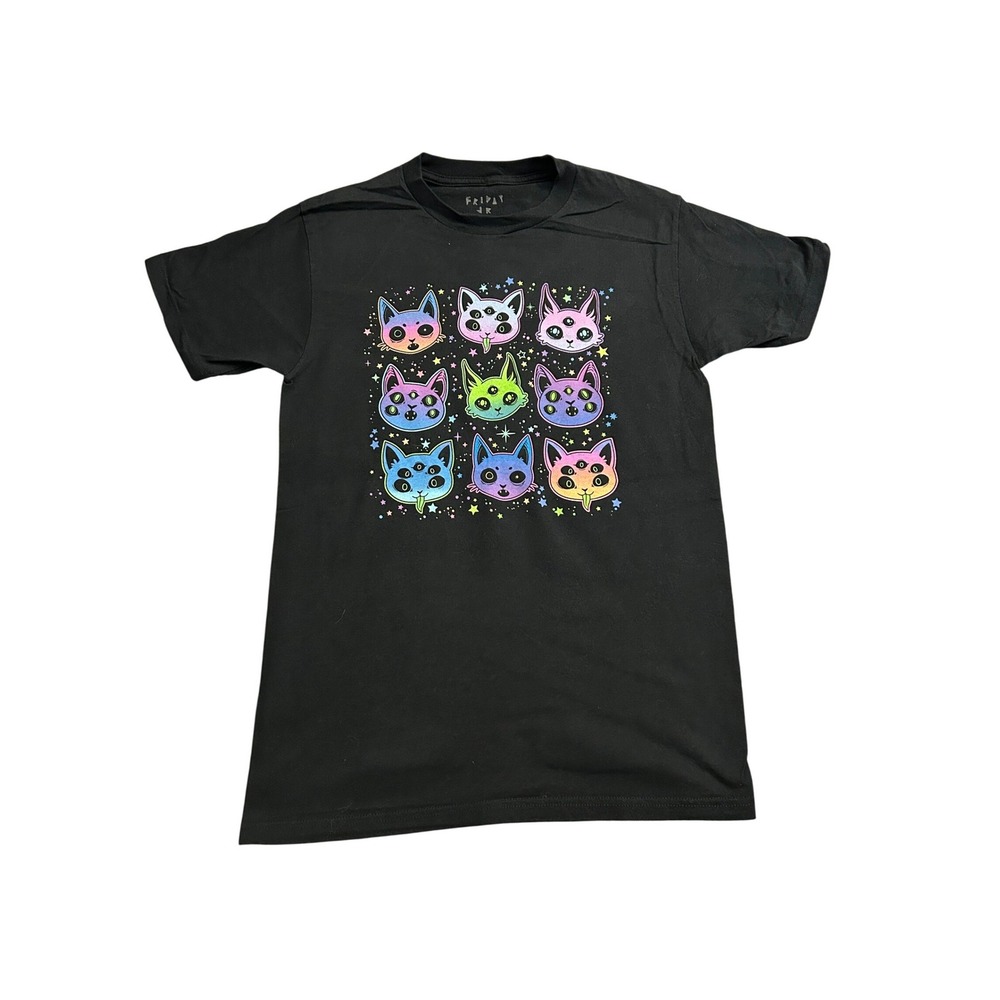 Friday Jr Alien Cat Graphic T-Shirt Mens Small Black Excellent Rainbow Pastel